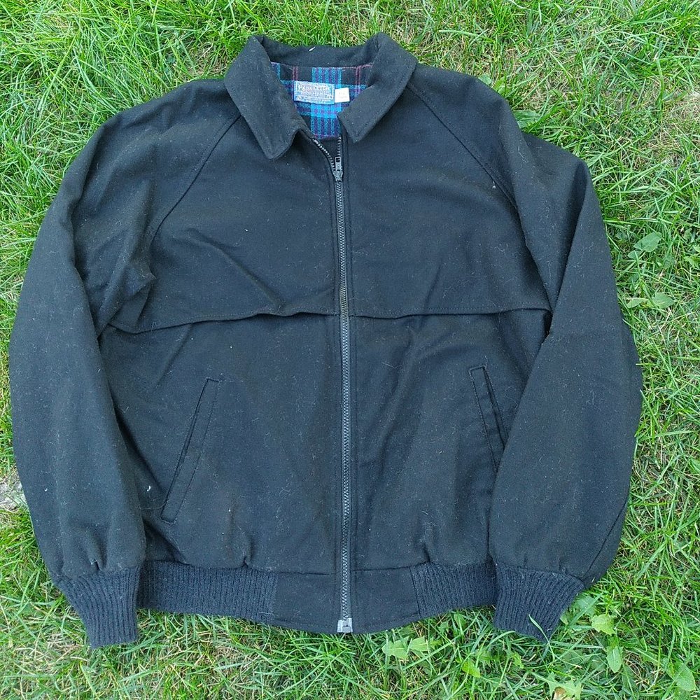 Vintage Pendleton Black Wool Blue Plaid Bomber Ja… - image 1